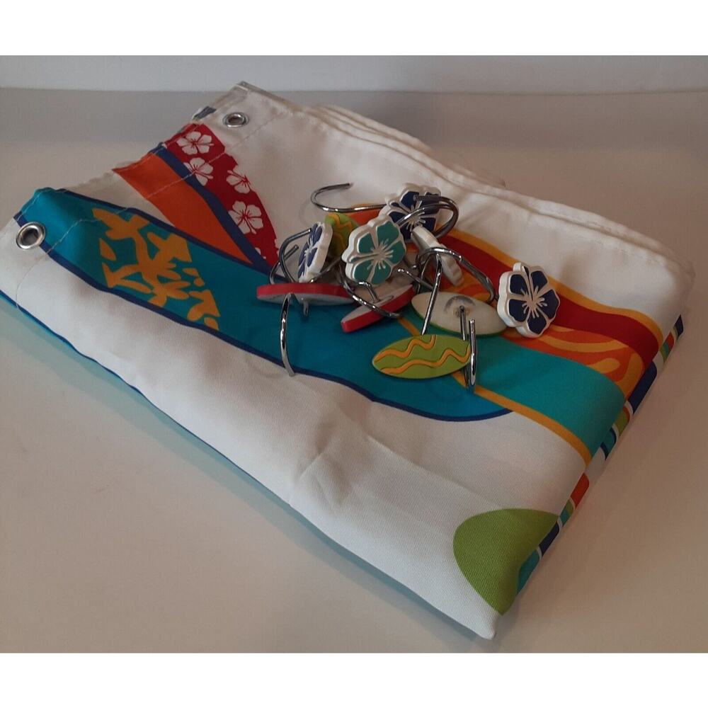 Mainstreet & Home Surfboard & Floral Shower Curtain w/ Hooks Ocean Vibes